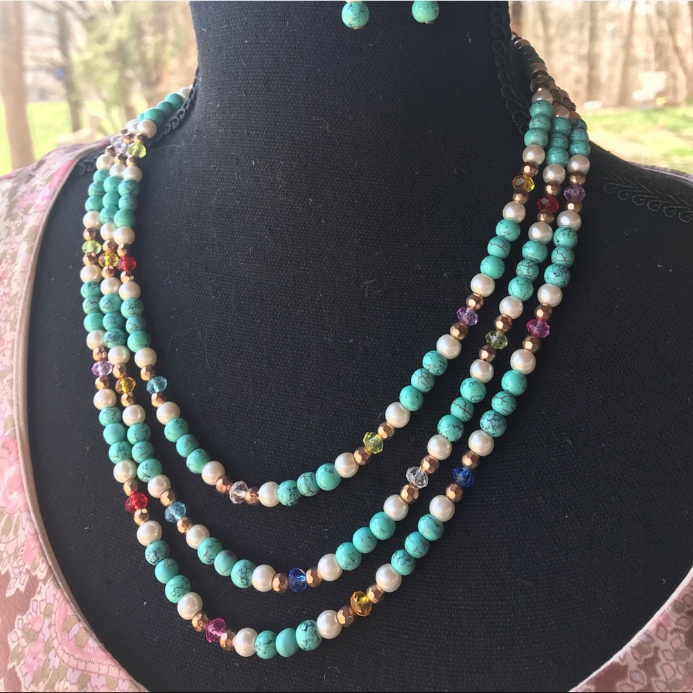 Turquoise 3 strand beaded necklace